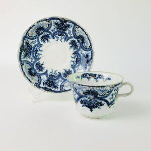 Antique J&G Meakin York Flow Blue Teacup and Saucer Gilded Gold c.1890-1910